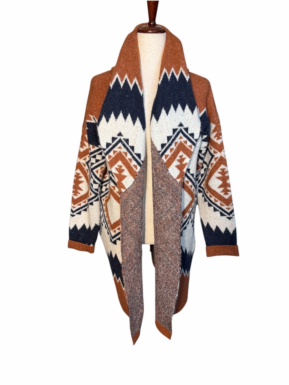 Tahari Southwestern Aztec Geometric Open Front Long Cardigan Rust Navy Medium